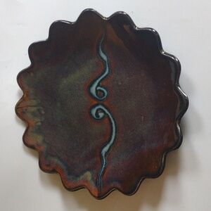 Hilborn Studio Art Pottery Scalloped Edge Platter Plate Blue & Brown Glaze 11"